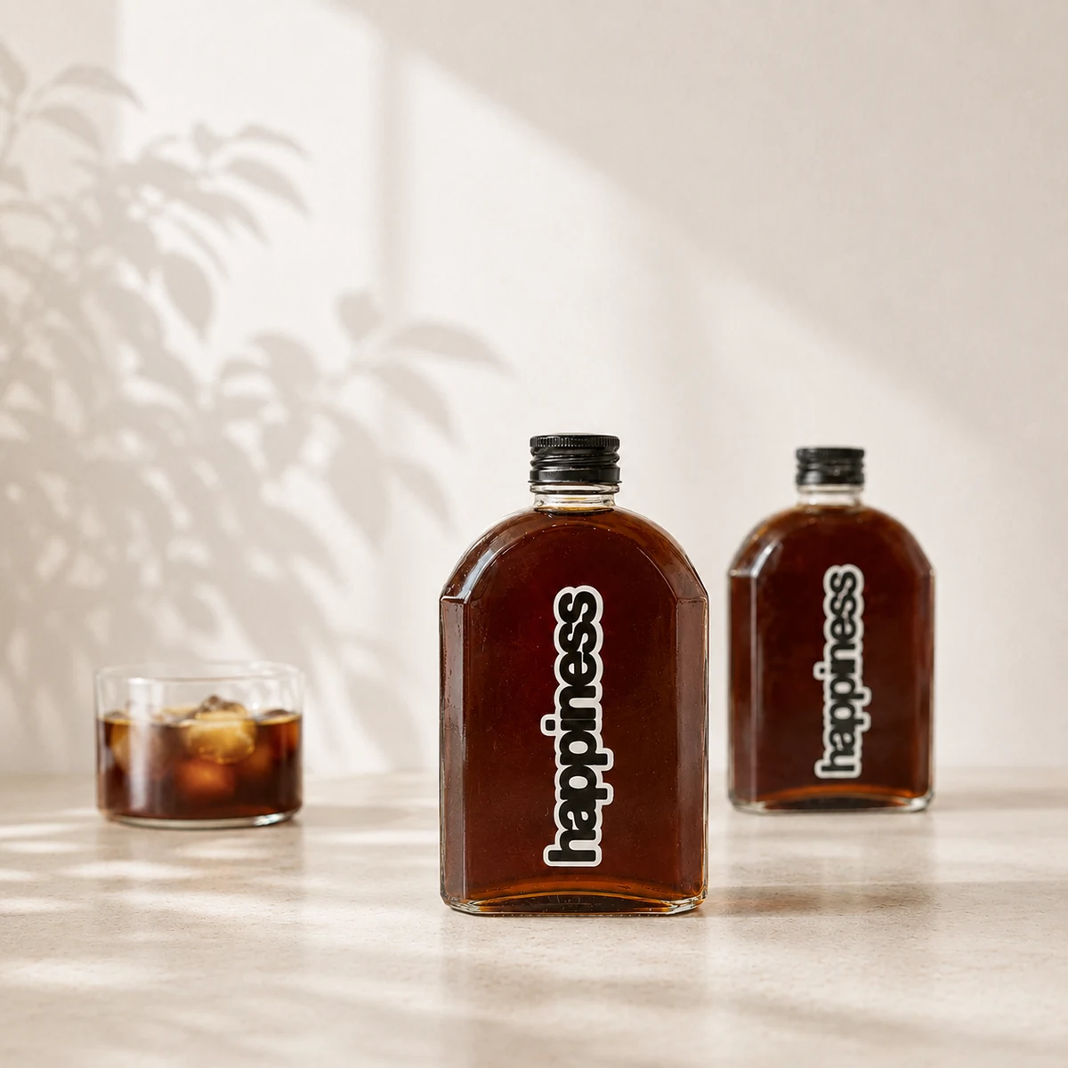 happiness cold brew bottles and a glass