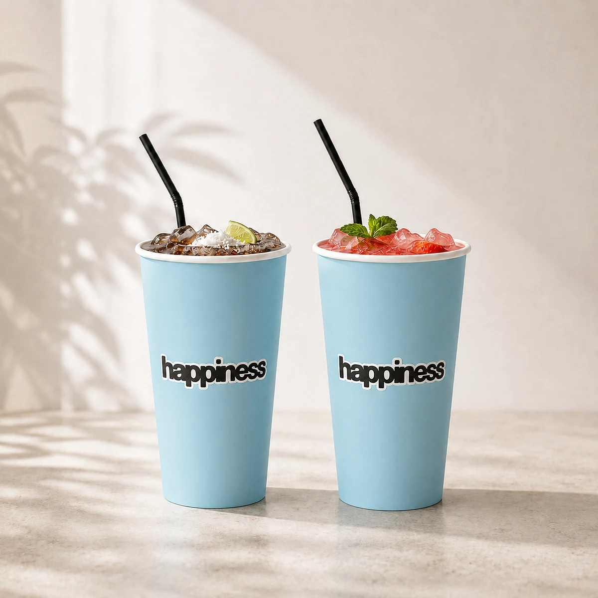 two colourful soda drinks in happiness cups
